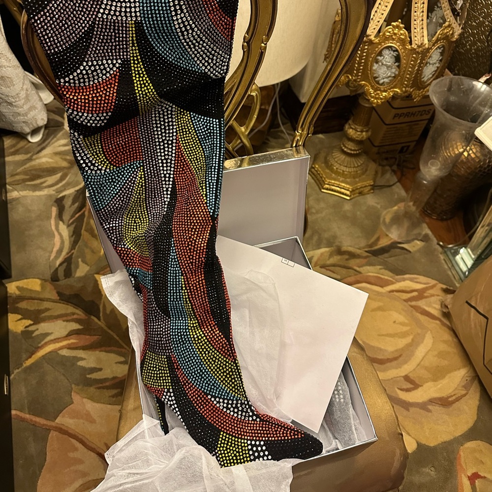 Sparkle at the club!  Multi-colored rhinestone over the knee boots! New, size 10